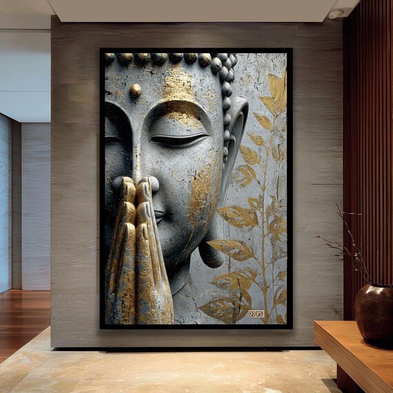 Buddha Canvas Wall Art Gold And Grey Spiritual Painting Zen Decor For Meditation Home Office