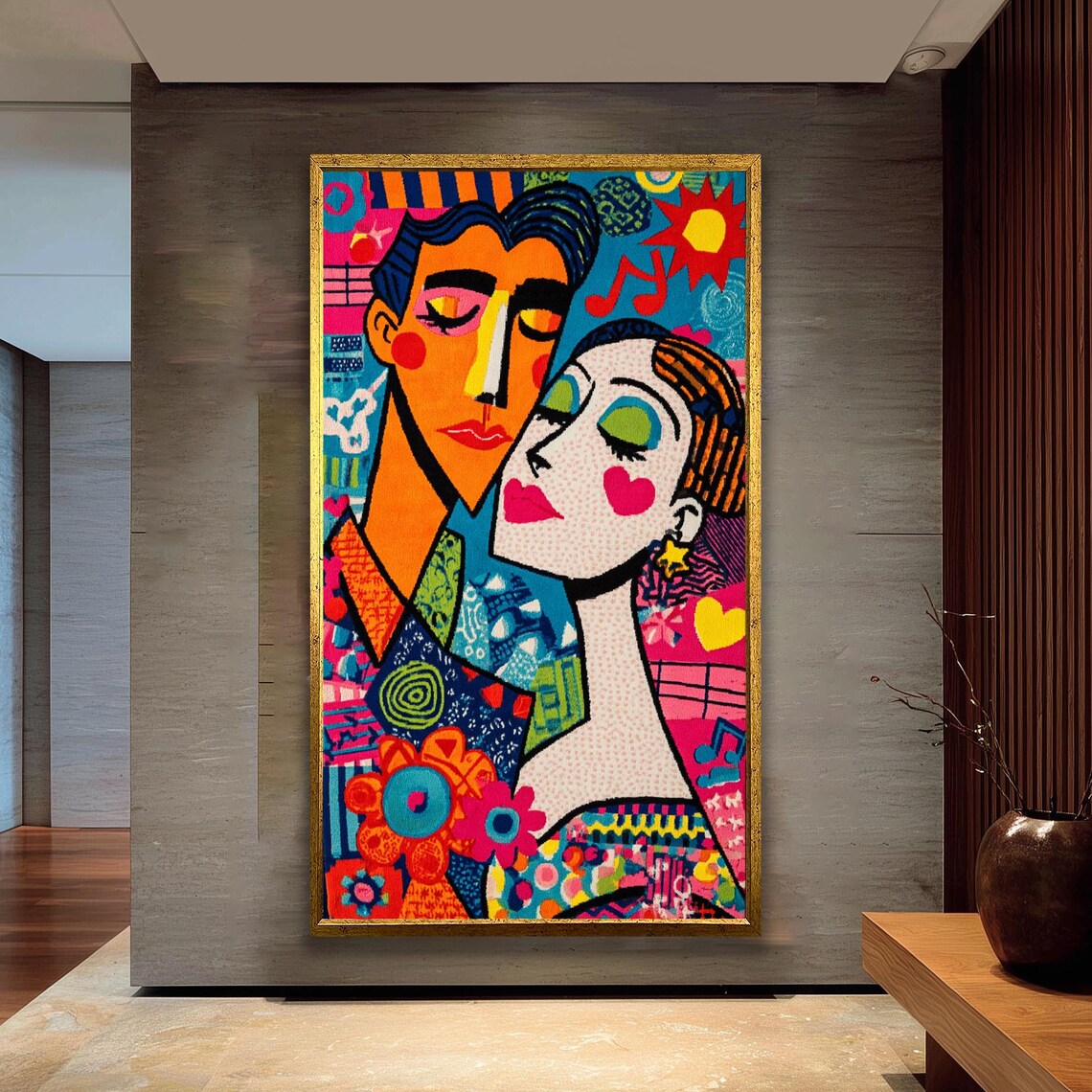 Romantic Pop Art Couple With Hearts Colorful Cubist Style Wall Art