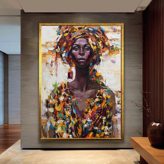Colorful African Woman Wall Art Abstract Canvas Painting Ethnic Female Portrait Bold Afrocentric Artwork For Home And Office