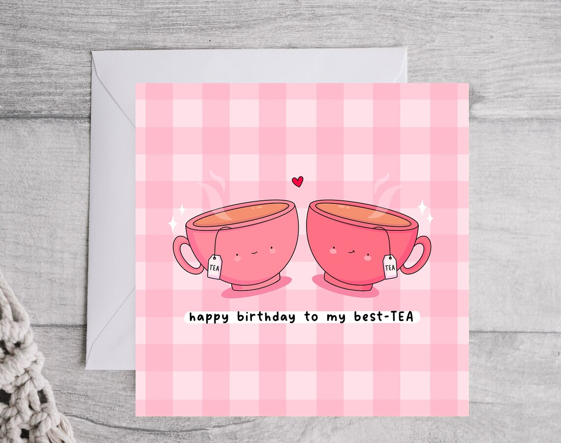 Kawaii Happy Birthday to My Best-TEA Pink Teacups Pun Art Print - Image 5