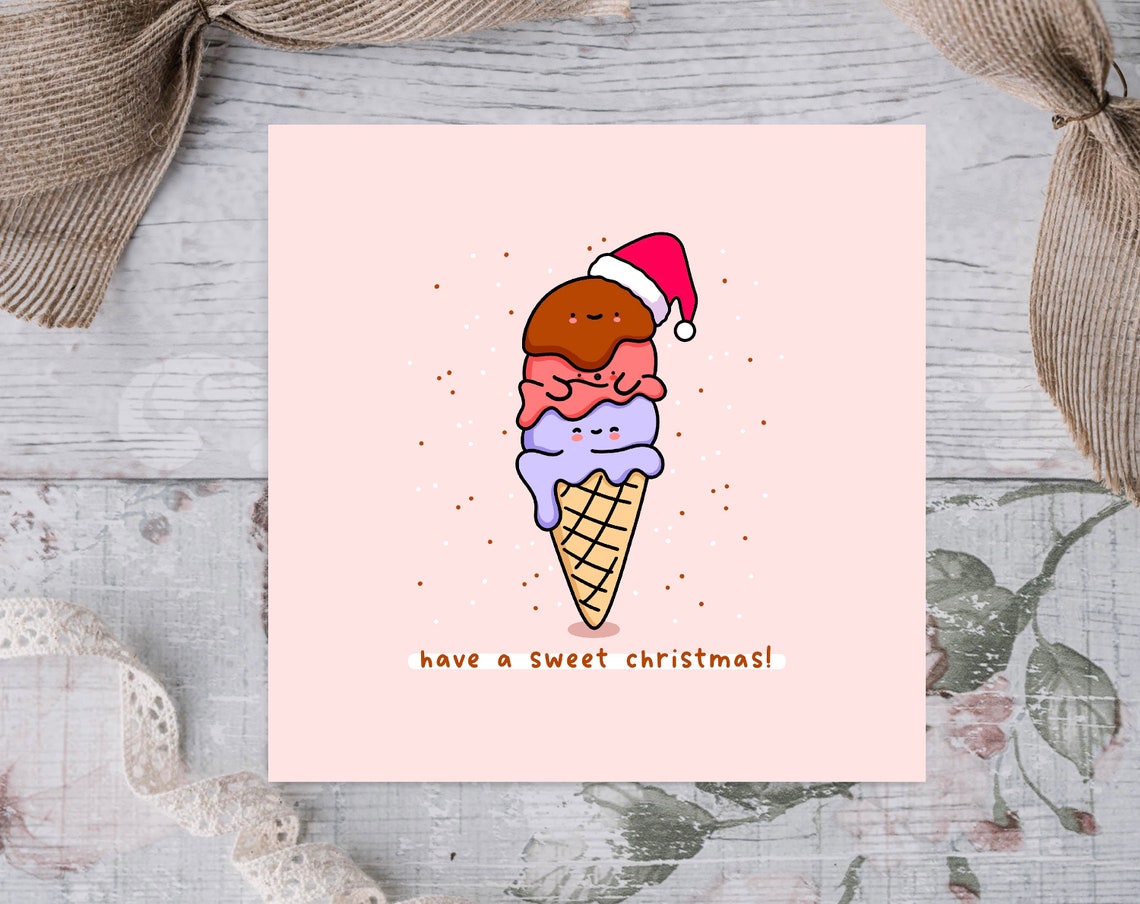 Have A Sweet Christmas Kawaii Ice Cream Cone Santa Hat Card Poster - Image 2