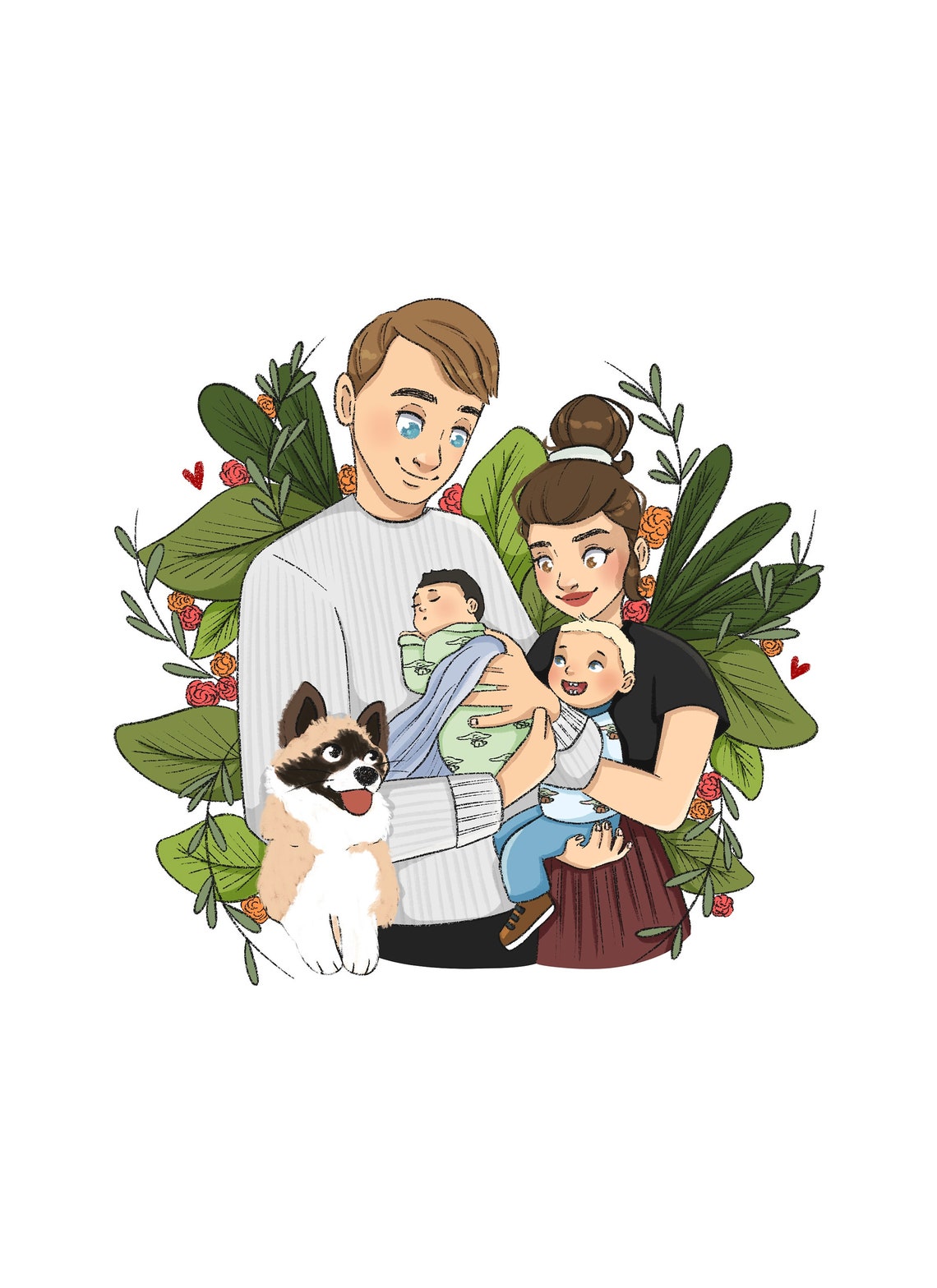 Custom Couple Portrait With Two Cats Floral Wreath Art Print - Image 5