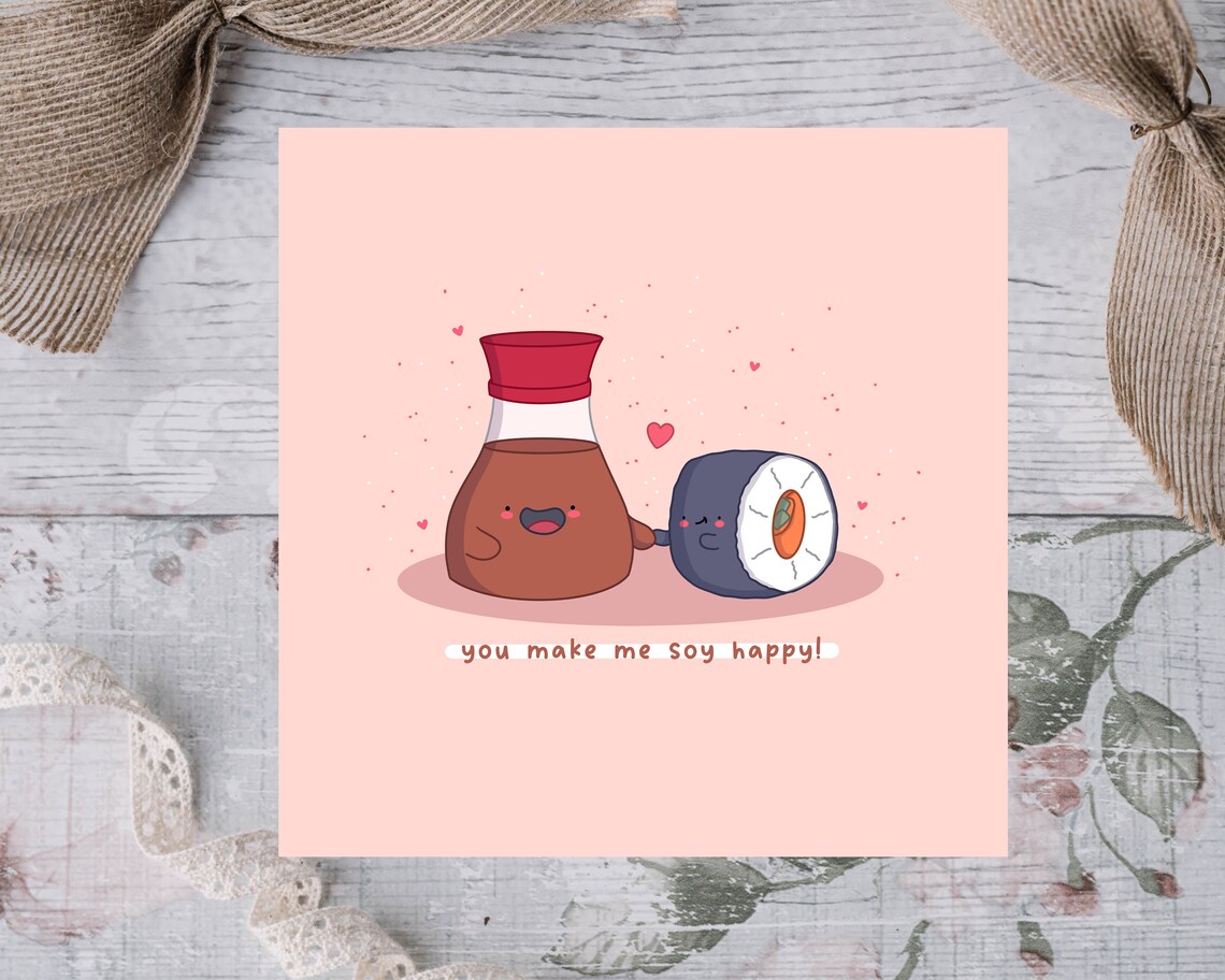 You Make Me Soy Happy Kawaii Sushi Couple Pun Love Card Poster - Image 3