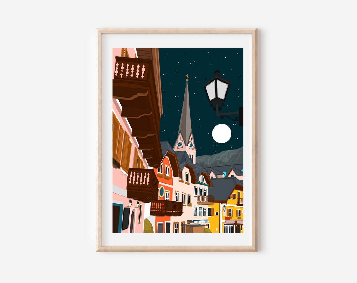 Hallstatt Austria Night Church Street Moonlit View Art Print - Image 3
