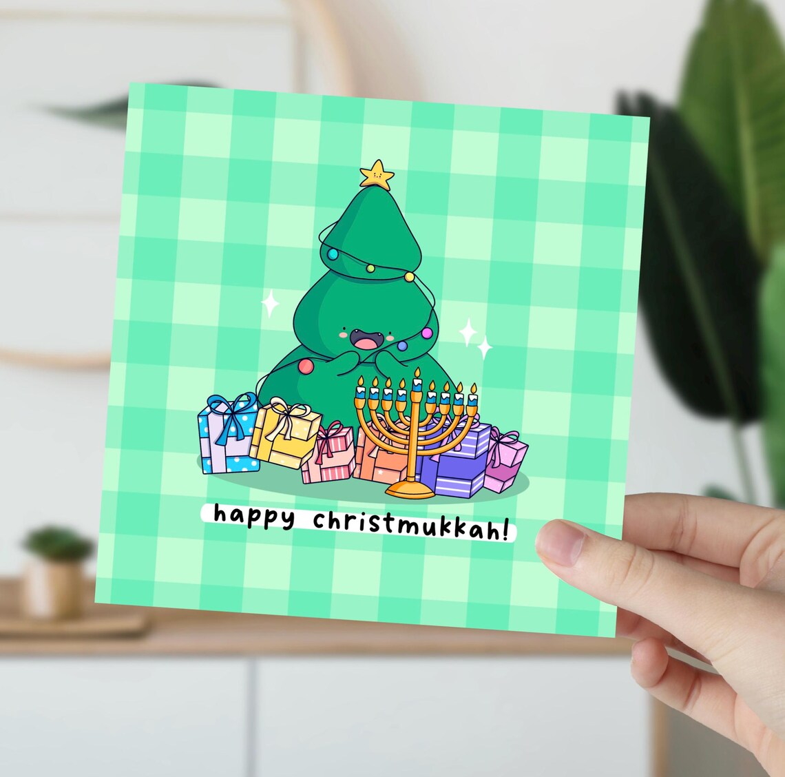 Kawaii Christmukkah Poster with Christmas Tree Menorah and Gifts - Image 5