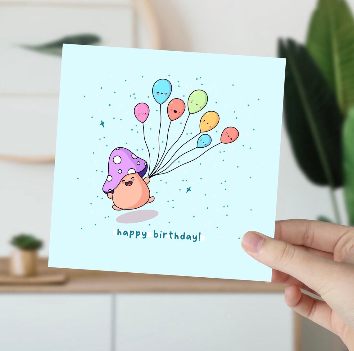 Cute Kawaii Mushroom Holding Balloons Happy Birthday Art Print - Image 5