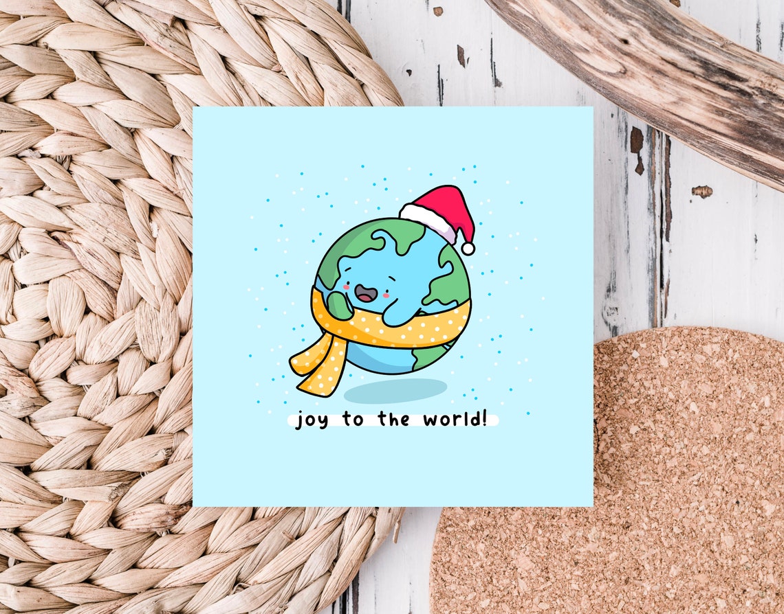 Joy To The World Cute Earth Globe Christmas Illustrated Card Print - Image 2