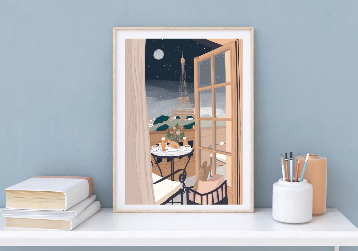 Paris Balcony Eiffel Tower Night Moonlit Breakfast Art Print - Image 3