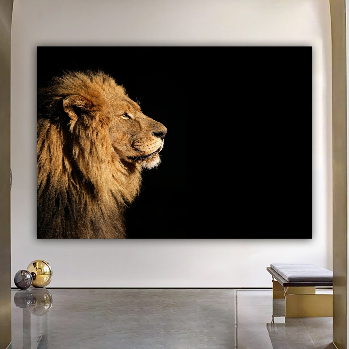 Lion Side Profile Portrait On Black Background Wildlife Photo Poster