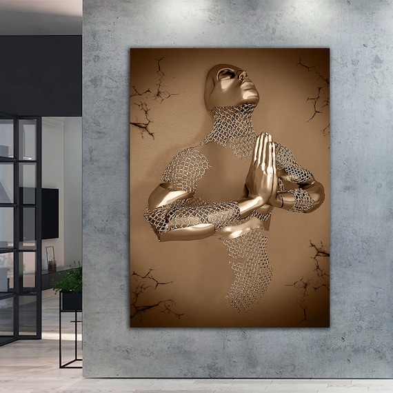 Bronze Praying Figure 3D Sculpted Meditation Spiritual Art Print