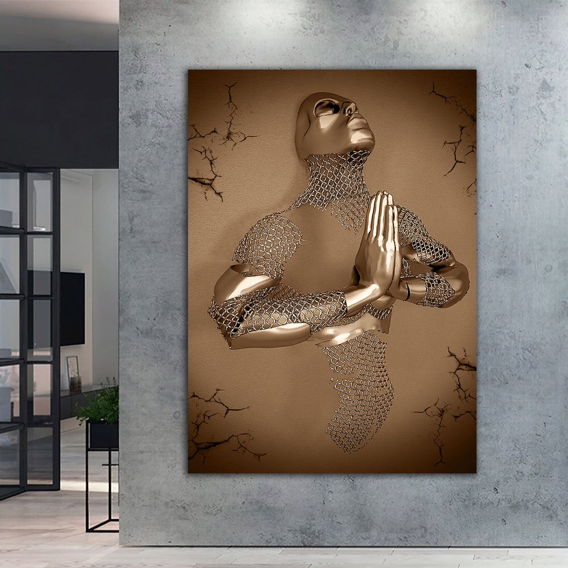 Meditation Prayer Giving Thanks Painting Bronze Glitter Textured Print 3 D Look Wall Decor