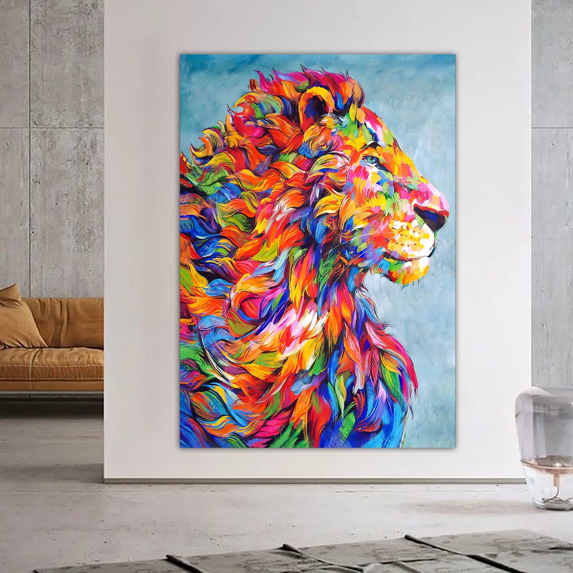 Vibrant Rainbow Lion Head Side Profile Pop Art Painting Poster