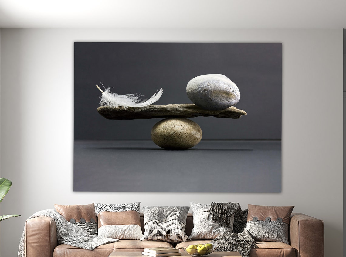 Feather And Stone Balanced On Driftwood Zen Minimalist Art Poster