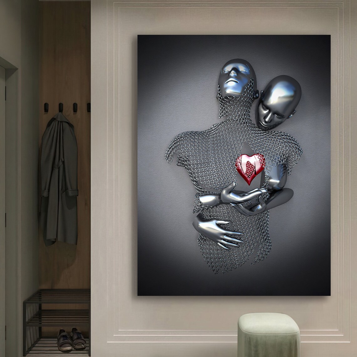 Red Heart Love Couples Hug Art Print, Glitter 3D Effect