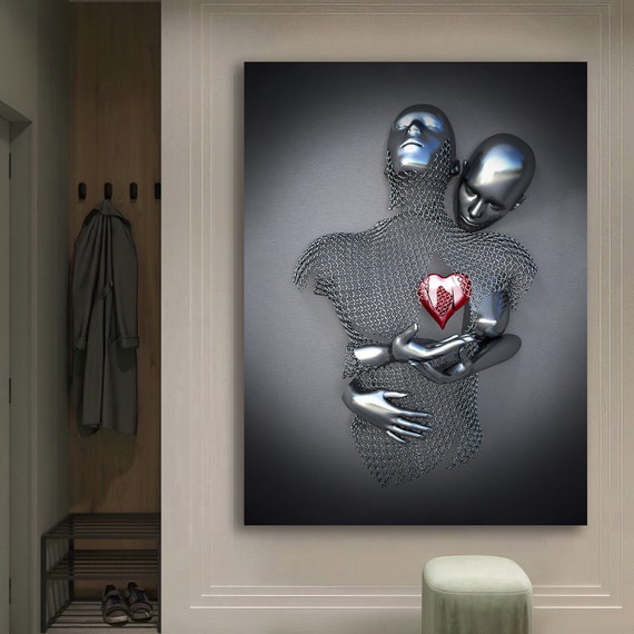 Red Heart Love Couples Hug Art Print, Glitter 3D Effect