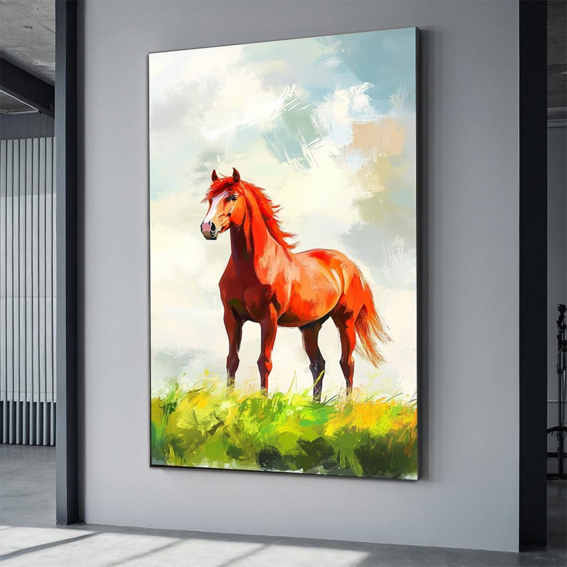 Chestnut Horse Standing Green Meadow Impressionist Equine Art Poster