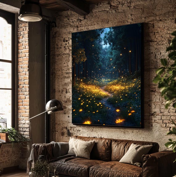 Enchanted Forest Firefly Art Print, Botanical Landscape