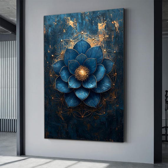 Blue Mandala with Gold Accents, Boho Art Print