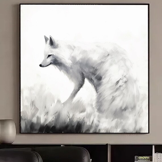 Minimalist White Fox Walking Winter Snow Scene Animal Canvas Wall Art Print