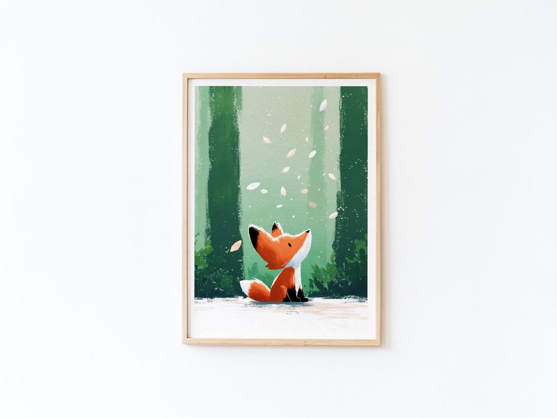 Little Orange Fox Sitting In Green Forest Watching Petals Poster