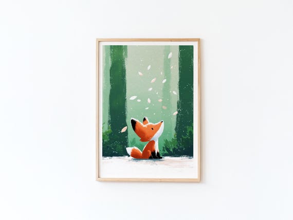 Baby Room Decoration Fox In The Forest By Tendre Imaginaire Soft Gouache Illustration Nature Birth Gift