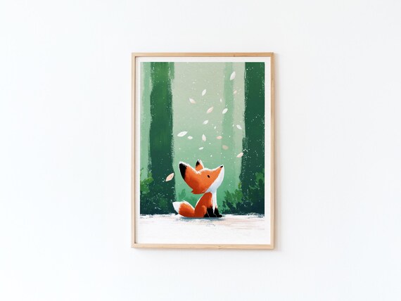 Little Orange Fox Sitting In Green Forest Watching Petals Poster