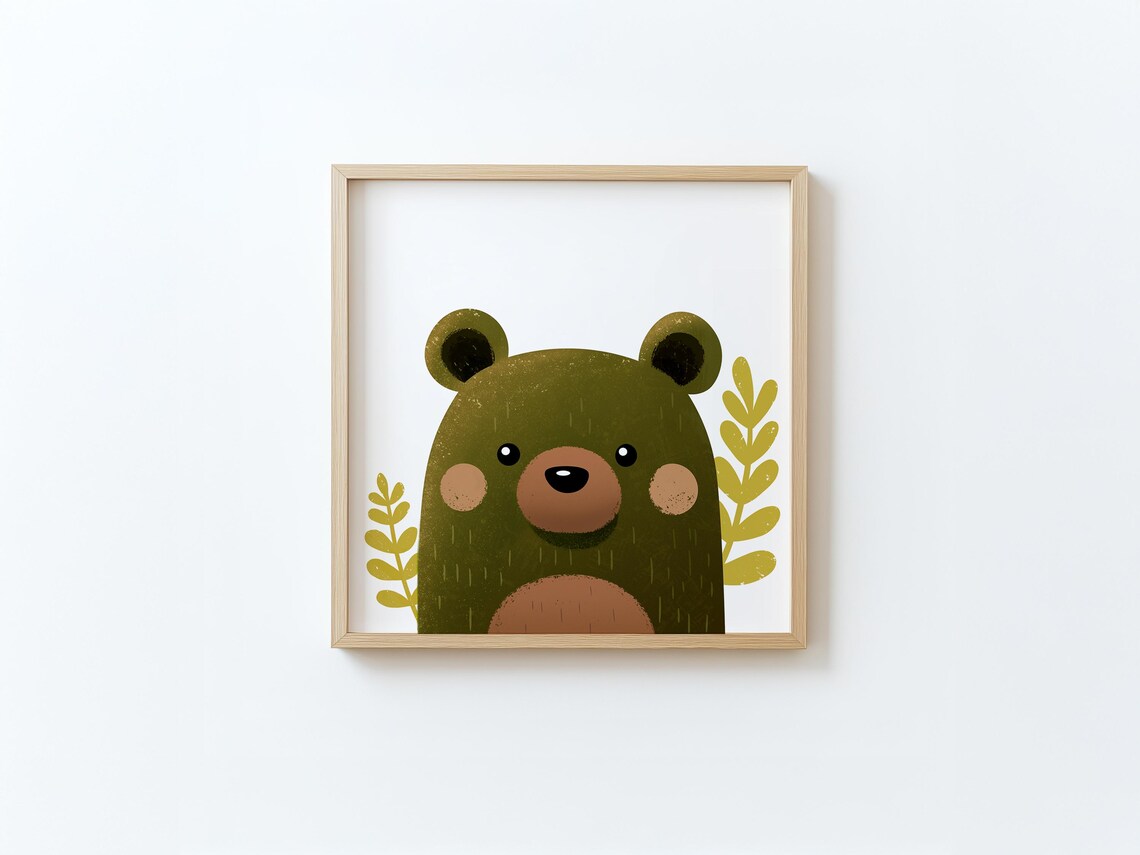 Cute Olive Green Bear Face With Yellow Leaves Nursery Poster