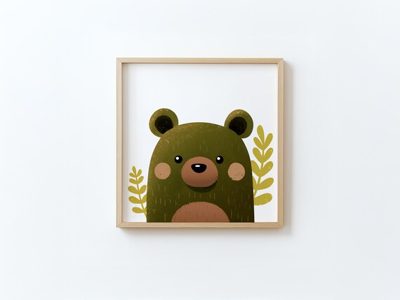 Cute Olive Green Bear Face With Yellow Leaves Nursery Poster