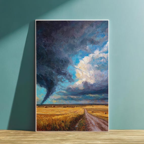 Dramatic Prairie Tornado Wall Art Print Stormy Sky Landscape Painting Rural Farmland Powerful Nature Decor