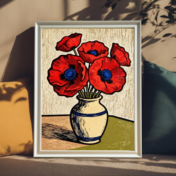 Red Poppies In A Striped Vase Bold Linocut Floral Art Poster
