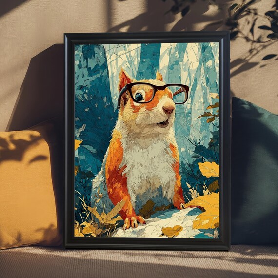 The Scholar Squirrel With Glasses Wood Framed Wall Art Print Funny Animal Portrait