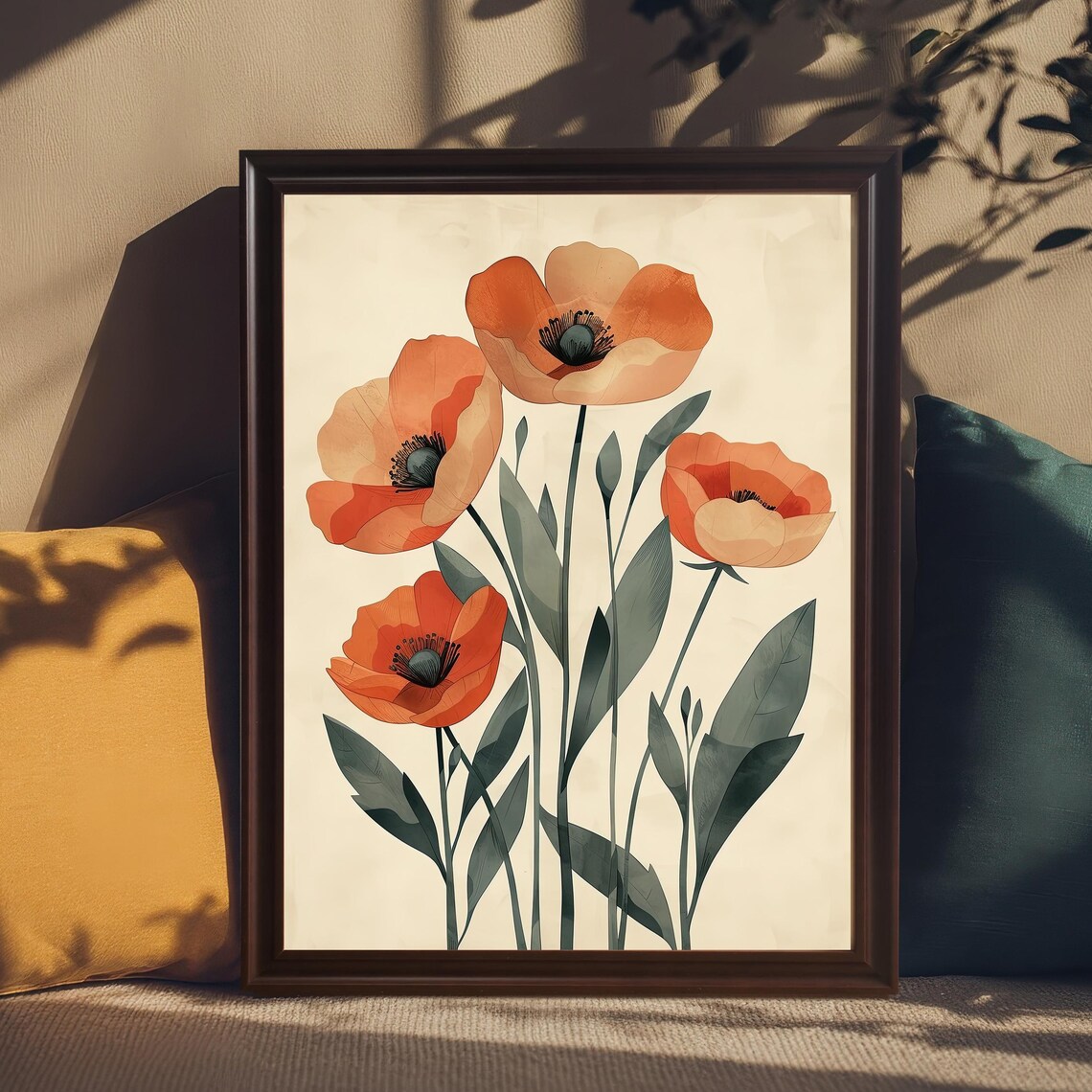 Delicate Orange Poppy Sage Leaf Watercolor Botanical Art Print