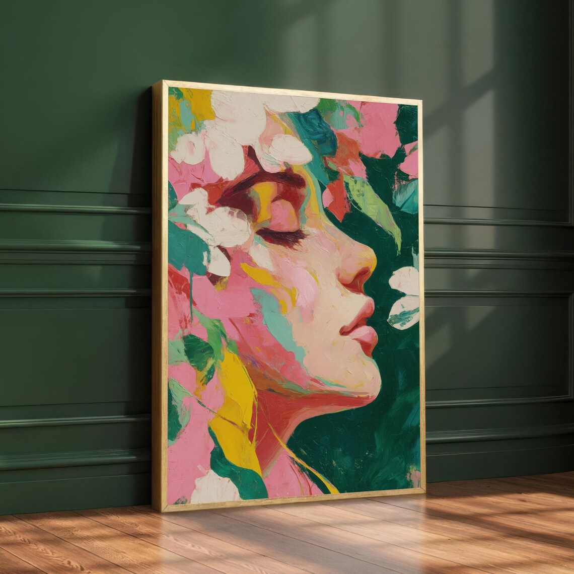 Floral Woman Portrait Pink Flowers Expressionist Face Art Poster