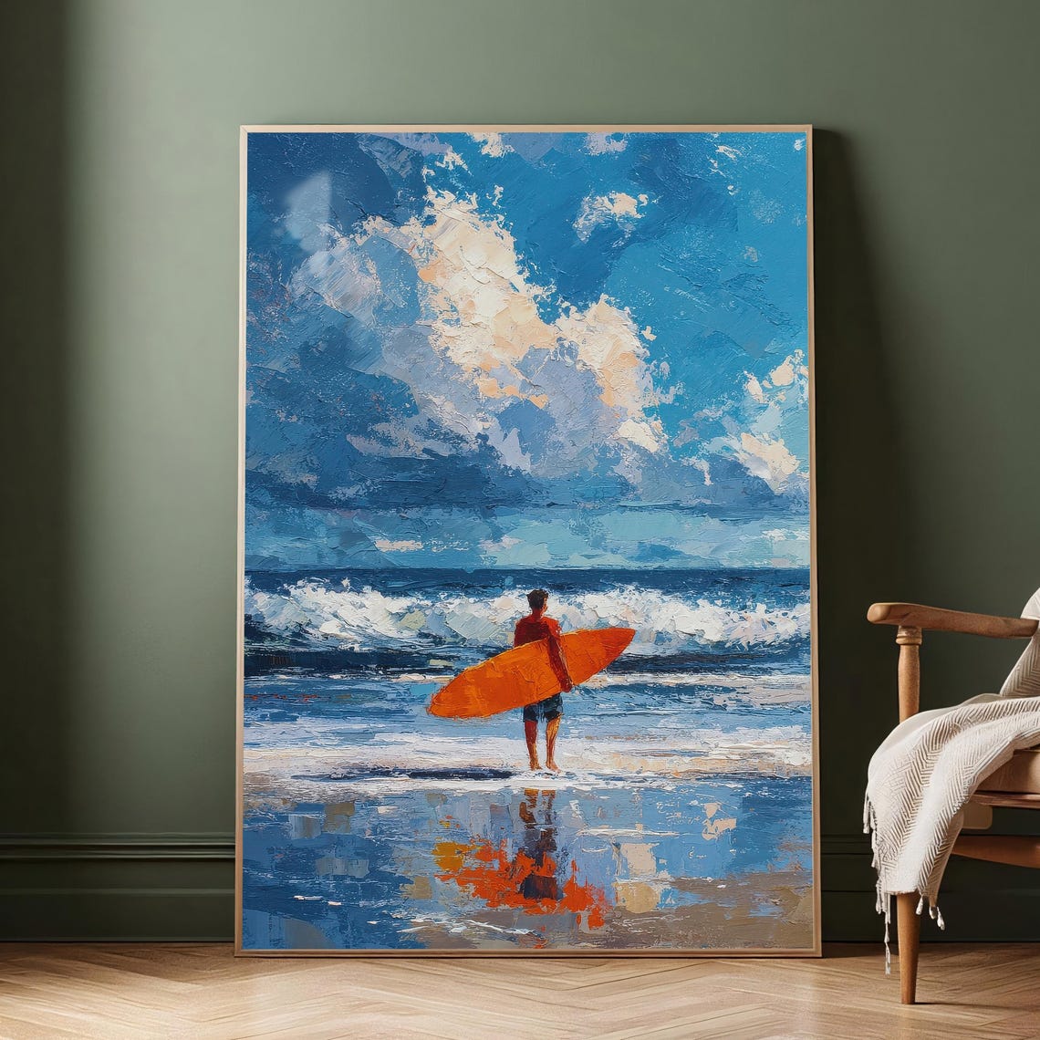 Surfer with Orange Board Facing Ocean Waves Impasto Oil Print