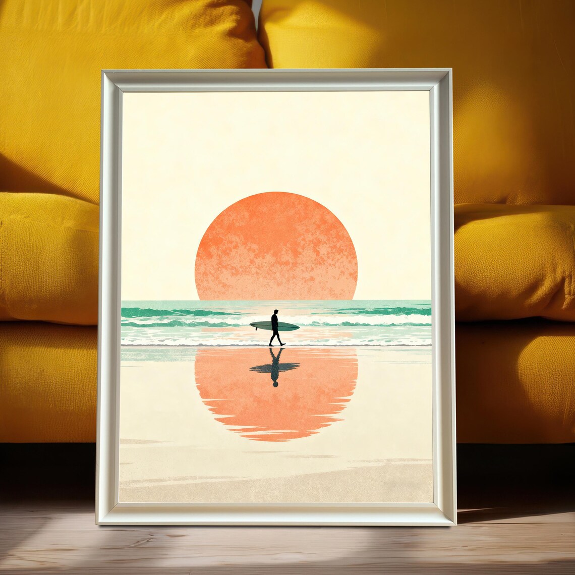 Surfer Sunset Beach Art Print Minimalist Coastal Ocean Wood Framed Wall Decor