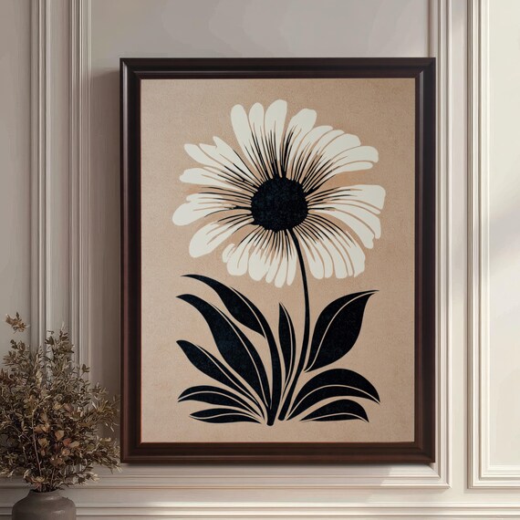 Minimalist Black White Daisy Flower Print Neutral Beige Background Wood Framed Wall Poster