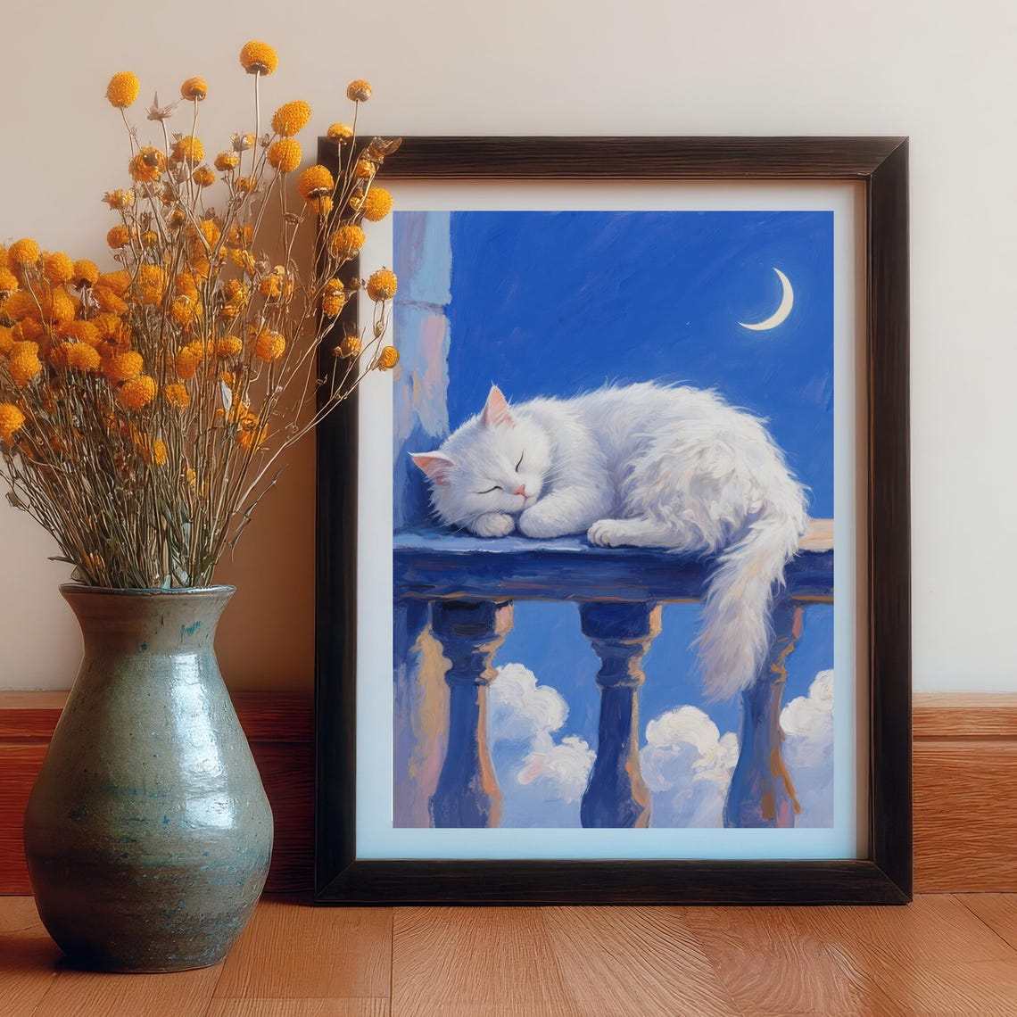 Sleeping White Cat On Moonlit Balcony Railing Dreamy Night Poster
