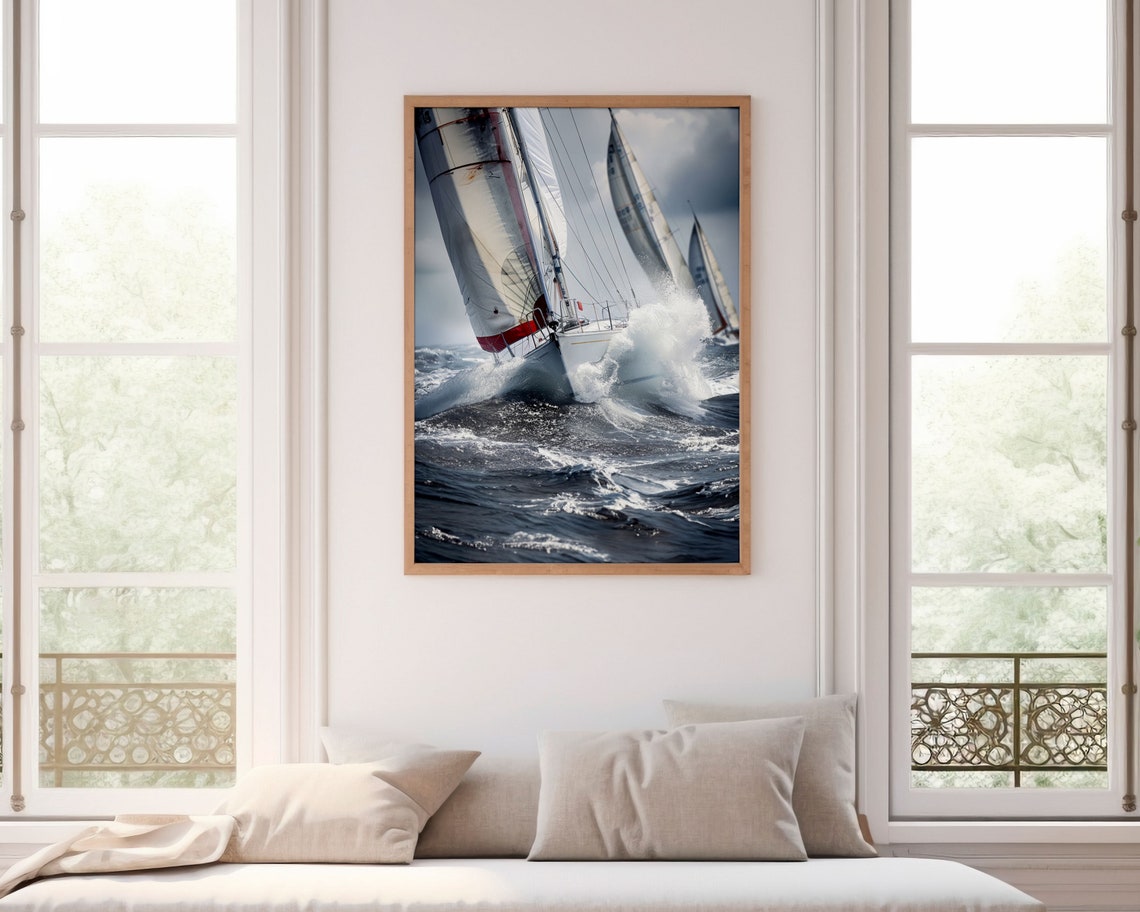 Dramatic Sailing Regatta Stormy Ocean Waves Racing Yachts Print