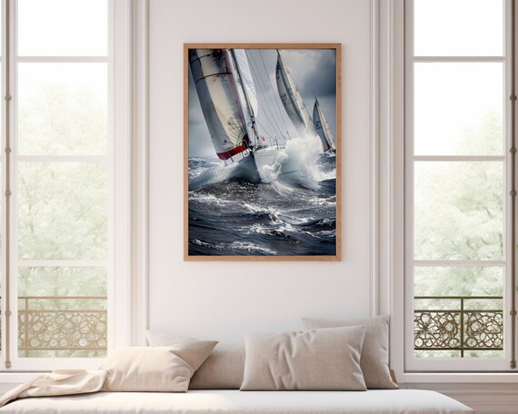 Dramatic Sailing Regatta Stormy Ocean Waves Racing Yachts Print