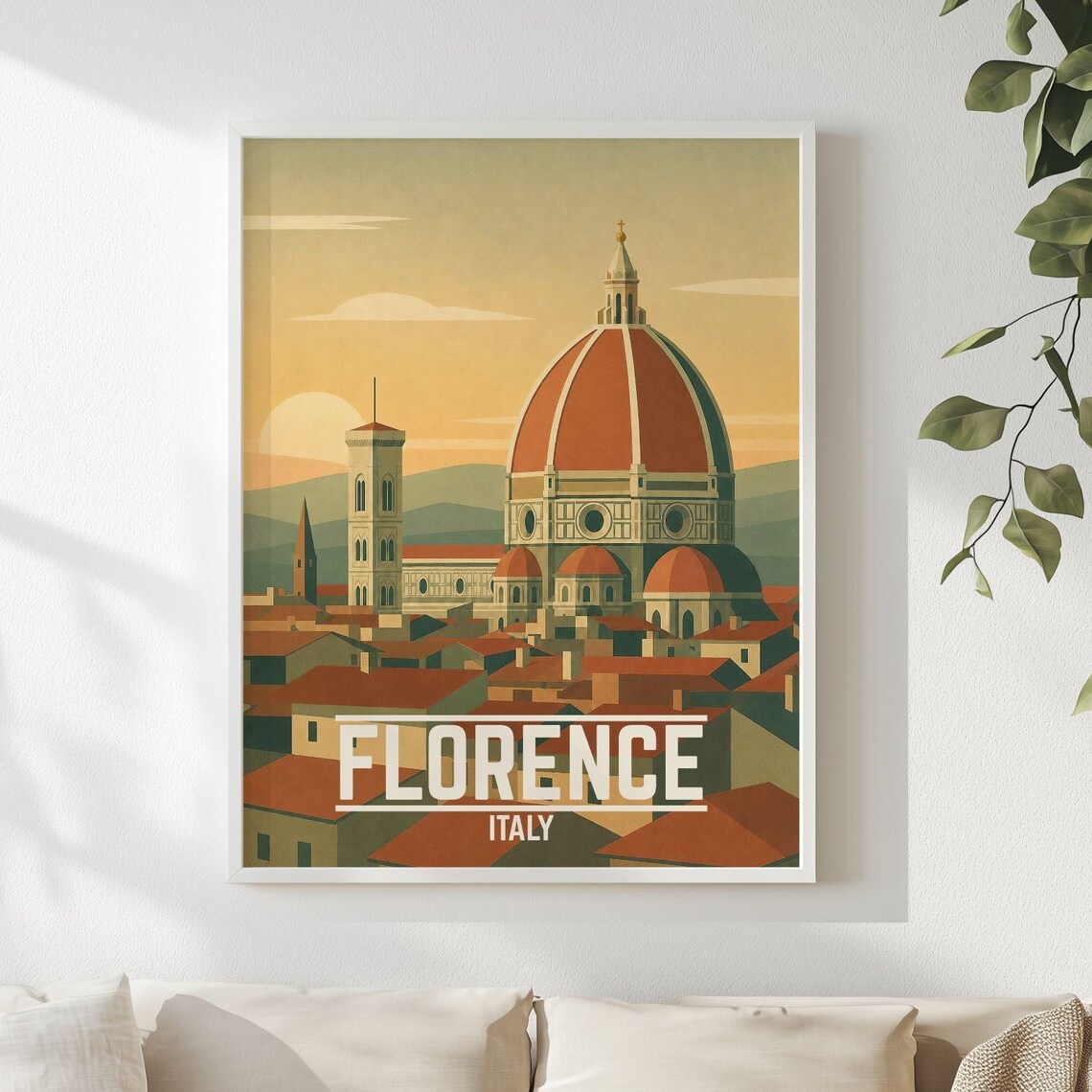 Florence Italy Vintage Travel Poster Duomo Cathedral Sunset Skyline View