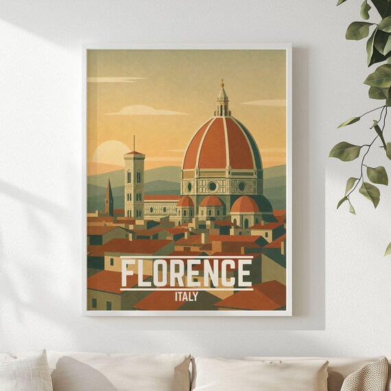 Florence Italy Vintage Travel Poster Duomo Cathedral Sunset Skyline View