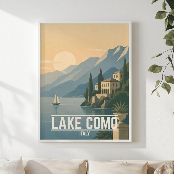 Lake Como Italy Travel Poster Printable Vintage Villa Wall Art Retro Print Home Decor