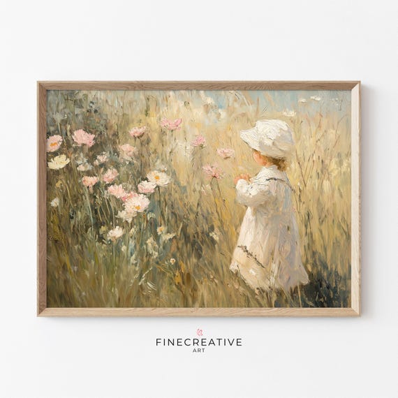 Vintage Girl In Flower Field Print Floral Painting Wall Art Countryside Print Moody Spring Art G61