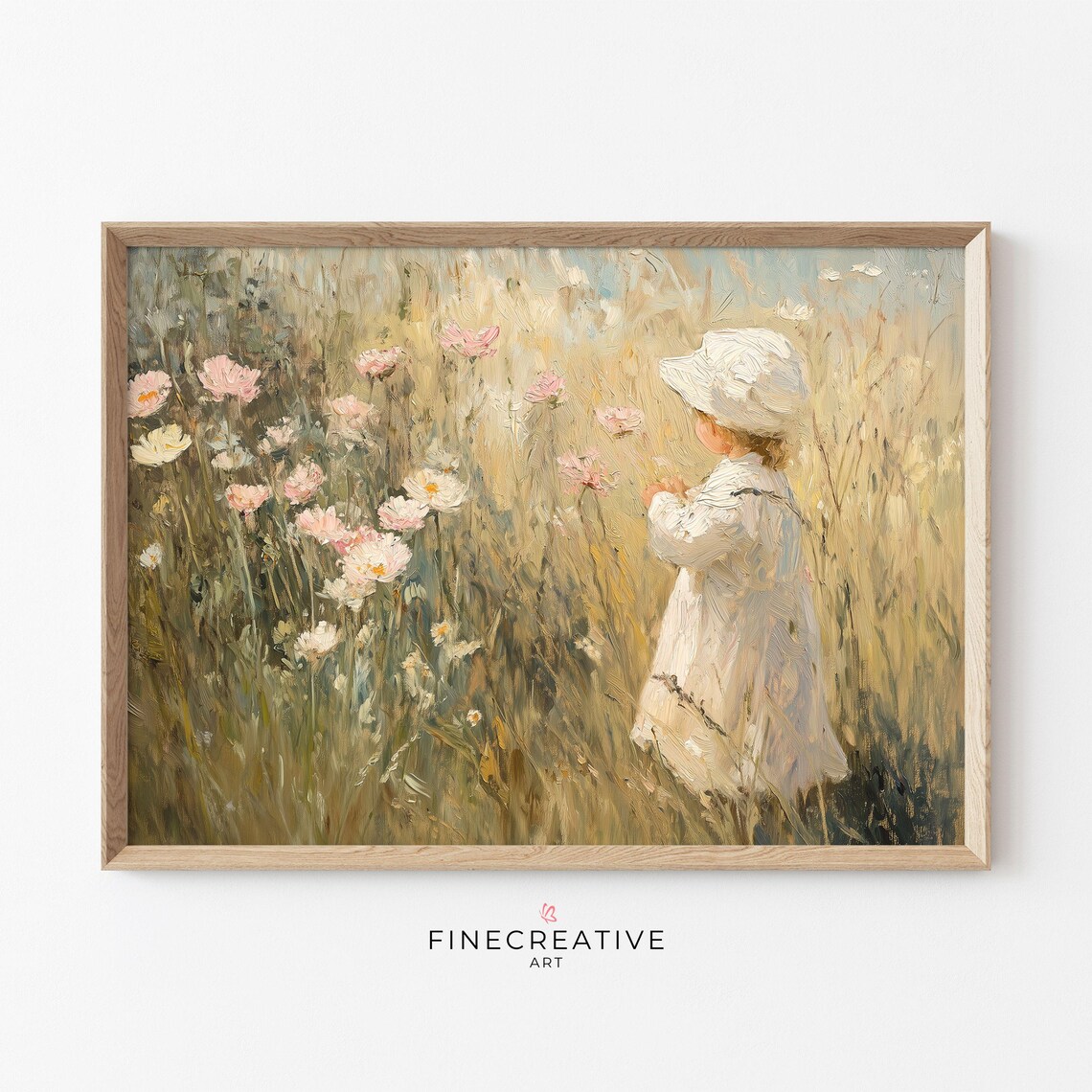 Little Girl In White Dress Among Golden Wildflowers Vintage Print