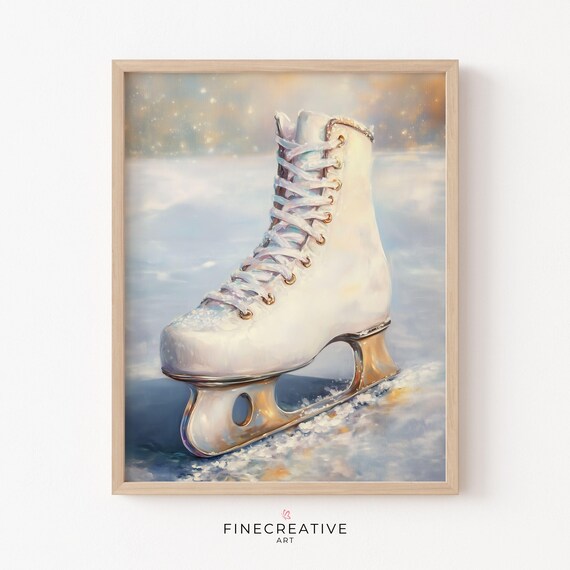White Ice Skate Resting On Frozen Pond Winter Scene Artwork Poster