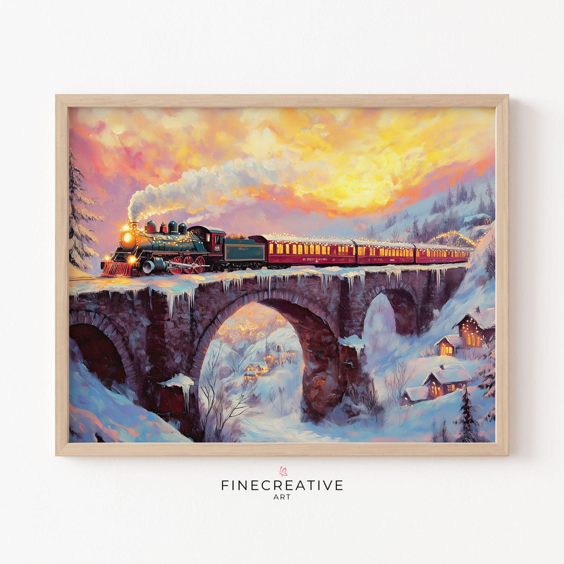 Vintage Steam Train Crossing Snowy Viaduct Christmas Sunset Poster