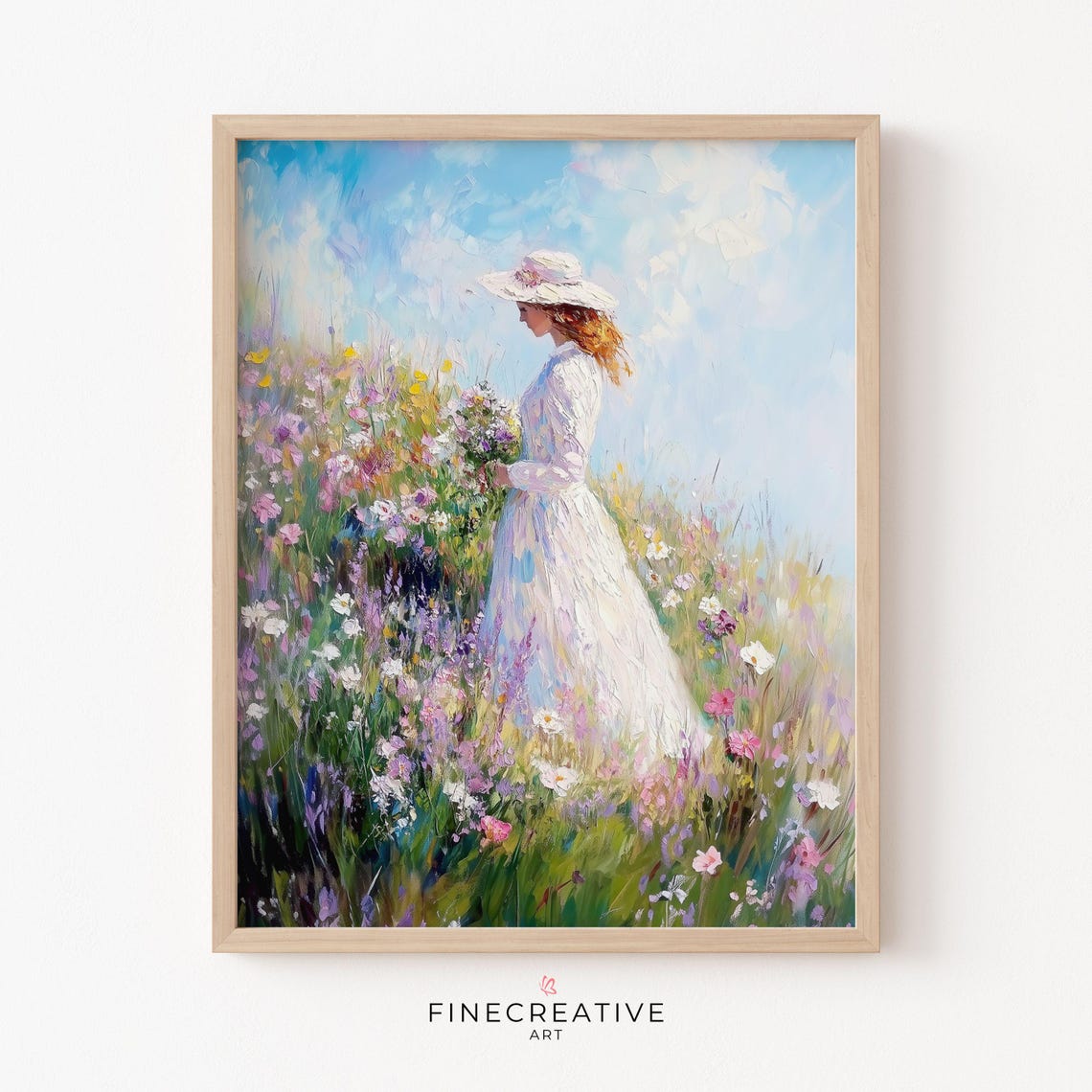 Woman in White Dress Walking Through a Wildflower Field Poster