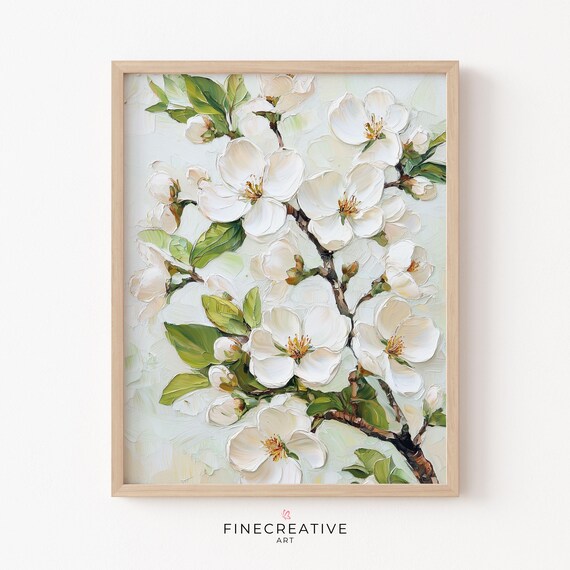 White Spring Blossoms on a Branch Textured Oil Painting Print