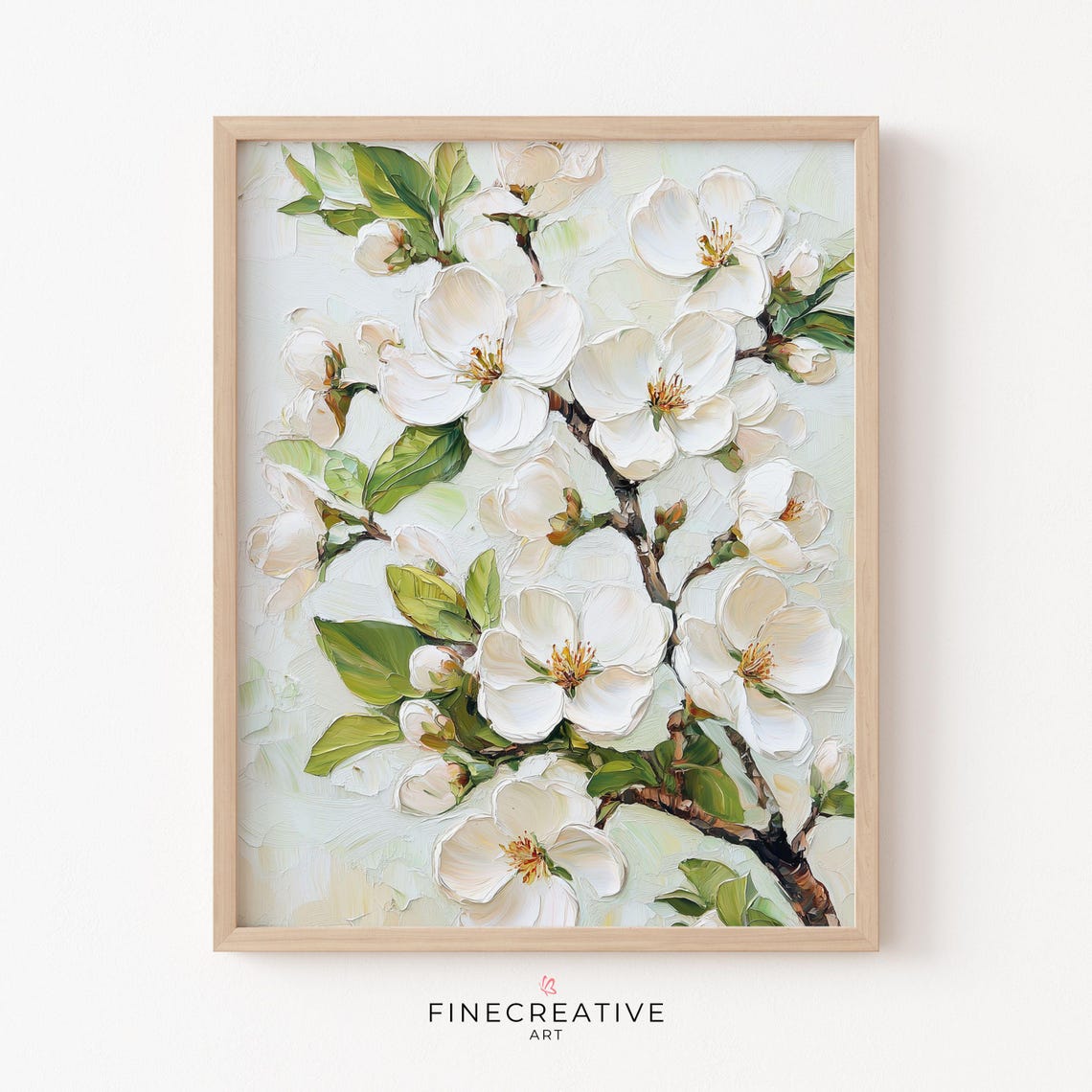White Spring Blossoms on a Branch Textured Oil Painting Print