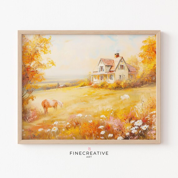 Fall Farmhouse White Horse Autumn Meadow Wildflower Painting Poster